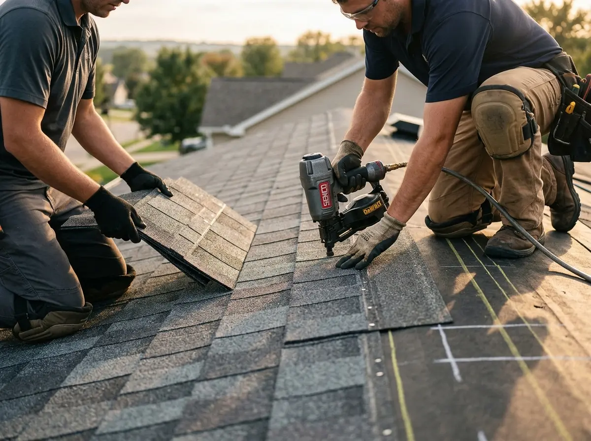 Professional roofer working on a residential roof in Stoughton